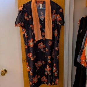 Floral Dress Bow Tie Neckline and Shoulder Tab Accents Vintage Sizing 14 1/2